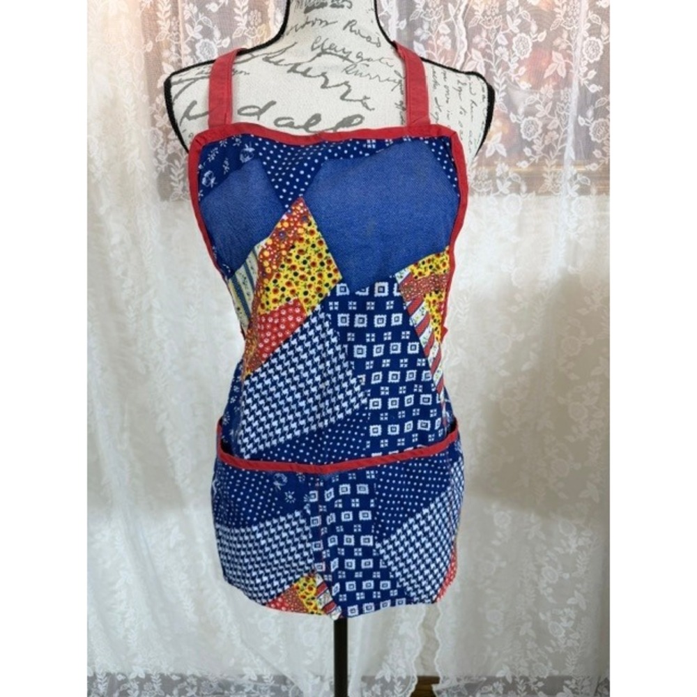 Vintage Handmade Patchwork Bib Apron Blue Red Floral Polka Dot Pockets Retro